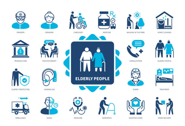 stockillustraties, clipart, cartoons en iconen met elderly people solid icon set - thuiszorg verpleger