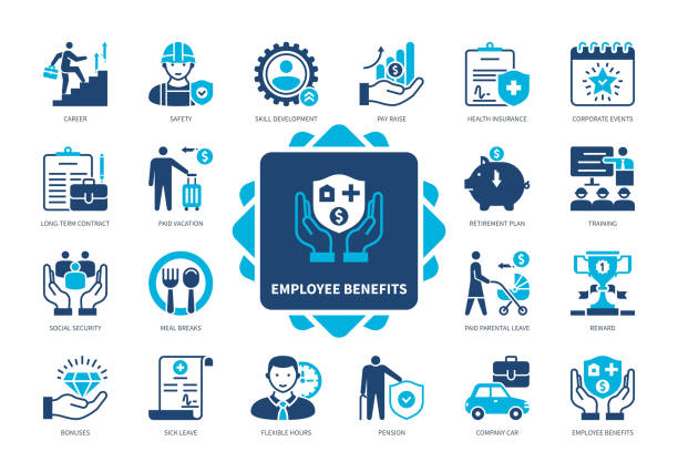 Employee Benefits solid icon set Employee Benefits icon set. Insurance, Paid Vacation, Pension, Social Security, Meal Breaks, Bonuses, Career, Sick Leave. Duotone color solid icons benefits stock illustrations