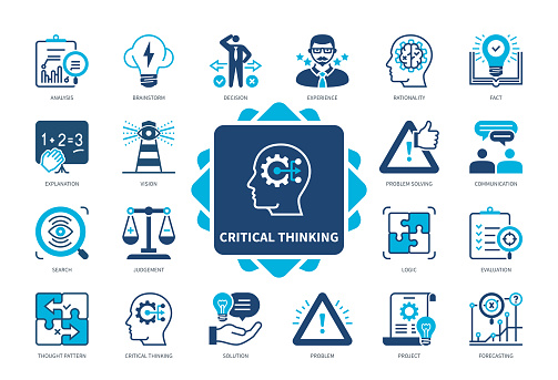Critical thinking icon set. Solution, Problem, Logic, Knowledge, Explanation, Vision, Solution, Forecasting. Duotone color solid icons