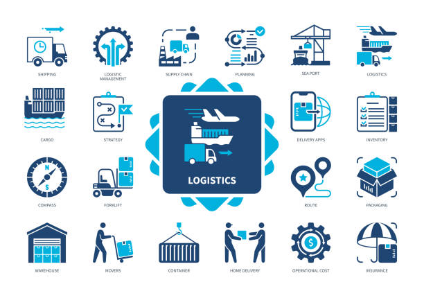 stockillustraties, clipart, cartoons en iconen met logistics solid icon set - toeleveringsketen