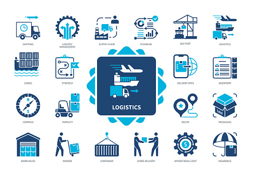 Logistics icon set. Delivery, Route, Warehouse, Forklift, Cargo, Planning, Supply chain, Inventory. Duotone color solid icons