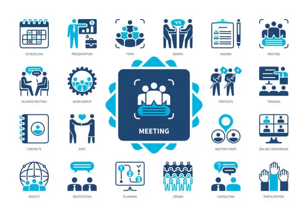 Vector illustration of Meeting solid icon set