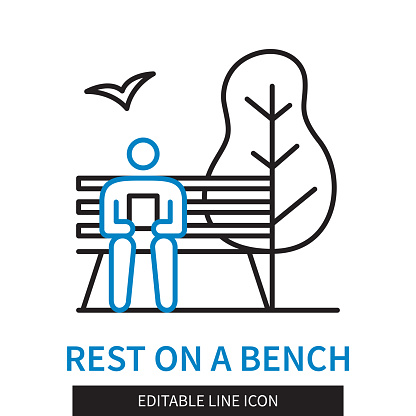 Editable line Rest on bench outline icon. Man sits on a bench in the park. Editable stroke icon isolated on white background