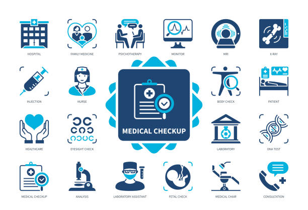Medical Checkup solid icon set Medical checkup icon set. Patient, Laboratory, Analysis, Consultation, Hospital, Fetal Check, Nurse, DNA Test. Duotone color solid icons health screening stock illustrations