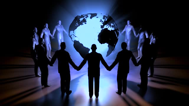 People Holding Hands Around Blue World