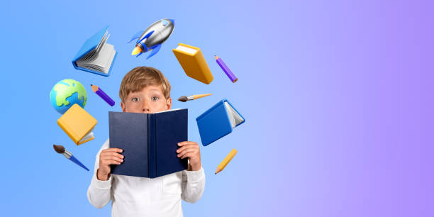 istock Inspired kid standing with book in hands, education icons. Copy space background 1582275296