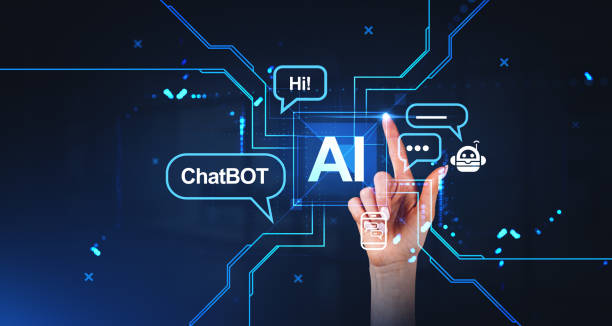istock Woman finger touch AI hologram and chat bot speech bubbles, communication 1582281216