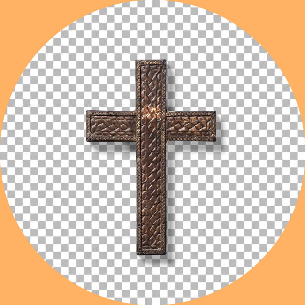 istock Close up view old rustic bronze holy cross isolated on transparent. 1582288690