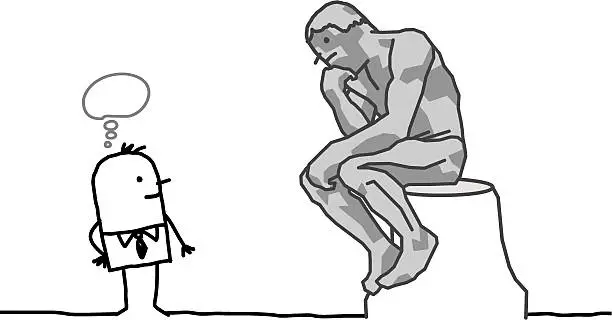 Vector illustration of man watching a Rodin's thinker imitation