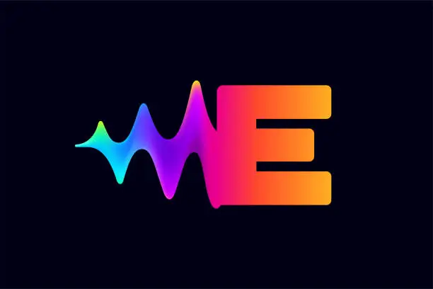 Vector illustration of E letter logo with pulse music player element. Vibrant sound wave flow line and glitch effect. Neon gradient icon.