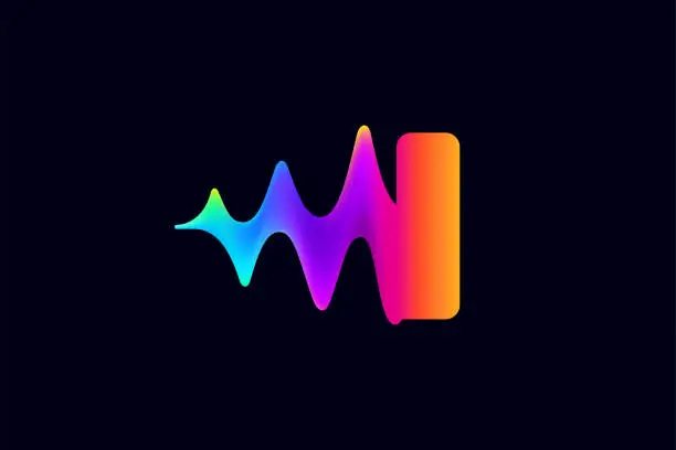 Vector illustration of I letter logo with pulse music player element. Vibrant sound wave flow line and glitch effect. Neon gradient icon.