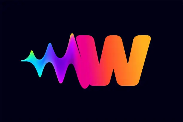 Vector illustration of W letter logo with pulse music player element. Vibrant sound wave flow line and glitch effect. Neon gradient icon.