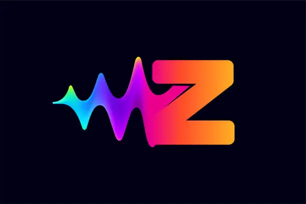 Vector illustration of Z letter logo with pulse music player element. Vibrant sound wave flow line and glitch effect. Neon gradient icon.
