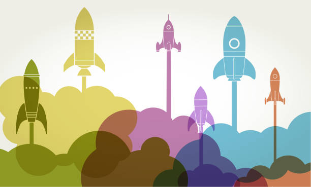 Business Startup Launch Rocket Colourful silhouettes of rockets to symbolise new business startup launch. usiness Startup concept, Launch, rocket, start up, entrepreneur, spaceship, exploration, rocketship silhouettes stock illustrations