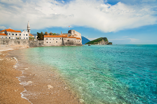 View of the old town of Budva and the Adriatic blue sea