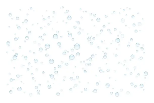 Vector illustration of Transparent sparkling water with bubbles floated underwater on white background. Isolated soda liquid drink with sudsy air circles.
