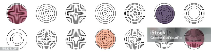 istock Concentric Vortex Circles - Thin Line Vector Illustrations Isolated On White Background 1582353554