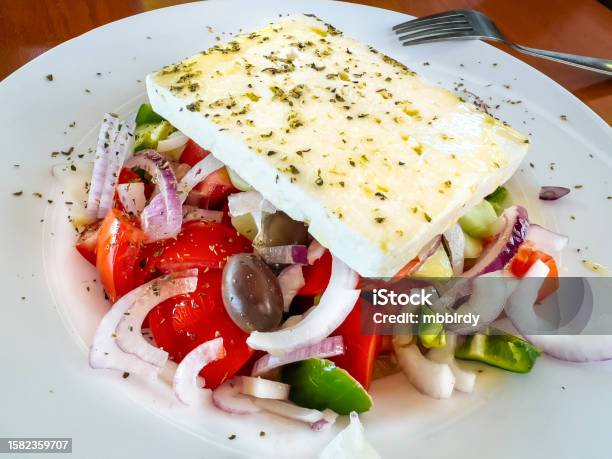 Greek Salad Closeup Stock Photo - Download Image Now - Bowl, Cheese, Close-up
