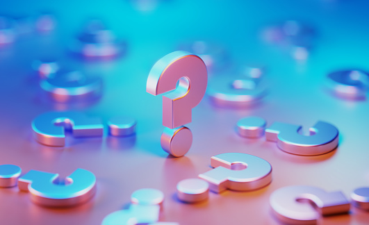 Metallic question marks illuminated by blue and pink lights on blue and pink background. Horizontal composition with copy space.