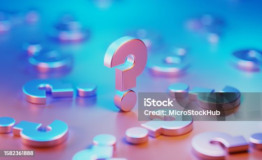 istock Metallic Question Marks Illuminated By Blue And Pink Lights On Blue And Pink Background 1582361888