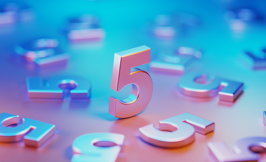 Metallic number fives illuminated by blue and pink lights on blue and pink background. Horizontal composition with copy space.