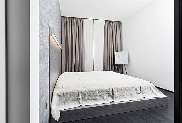 istock Modern minimalism style bedroom interior in monochrome tones 158236923