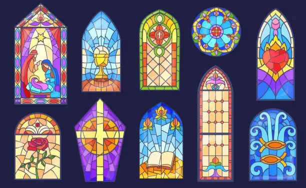 Vector illustration of Cartoon stained glass. Beautiful stain church windows frames christian or catholic religious, coloring mosaic window with christmas gothic cathedral temple neat vector illustration