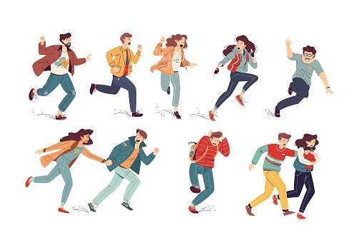 Frightened people run. Scared person runaway from danger terrorism, afraid couple or shock crowd panic running, screaming man escape surprising character garish vector illustration
