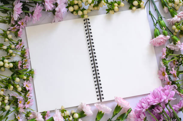 istock Empty white notebook and pencil with pink flowers 1582380278