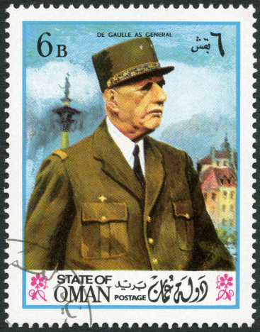 State of Oman 1972 postage stamp printed in State of Oman shows Charles de Gaulle (1890-1970), circa 1972