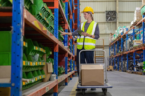Store clerks inspect products, warehouses, industrial and logistics supply chains.
