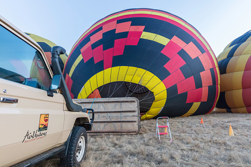 Air Ventures balloon safaris in Johannesburg at cradlemoon nature reserve with balloon being filled with hot air ready for guests arriving for the ride. July 29, 2023.