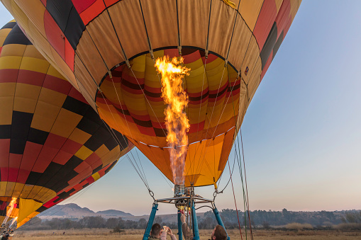 Air Ventures balloon safaris in Johannesburg at cradlemoon nature reserve with balloon being filled with hot air getting ready to take guests for the ride. July 29, 2023.