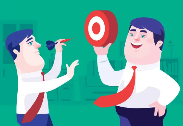 Vector illustration of businessman holding dart while colleague raising bullseye