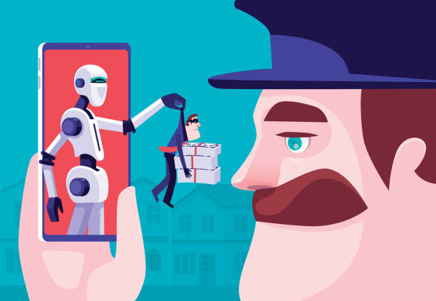 security guard holding smartphone with robot catching hacker - ilustração de arte vetorial