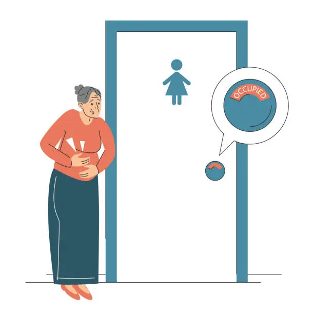 Vector illustration of Senior woman with diarrhea at closed toilet door