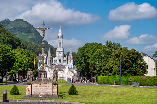 a view of the cathedral in Lourdes, France