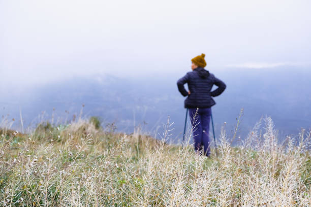 silhoute borrado de mulher desconhecida com chapéu de inverno e varas de trekking contemplando a paisagem autubmn após o dia de trekking - silhoute - fotografias e filmes do acervo