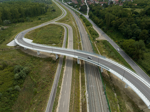 Aerial view of traffic and overpasses