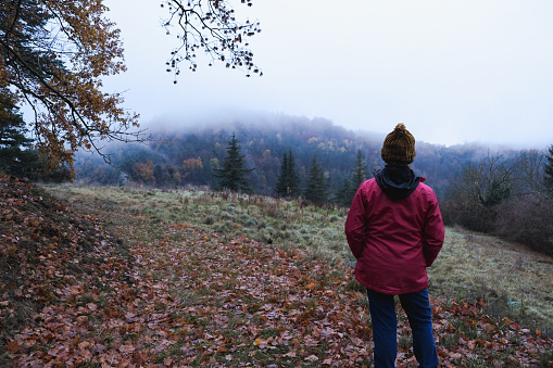 Unknown woman contemplating beautiful autumn landscape with the ground full of dry leaves and fog at the bottom of the valley