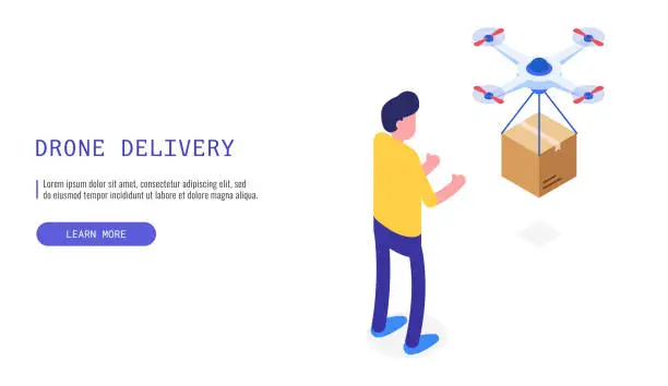 Vector illustration of Efficient drone delivery service. A drone successfully delivers a box to a delighted male customer. Isometric vector web banner.