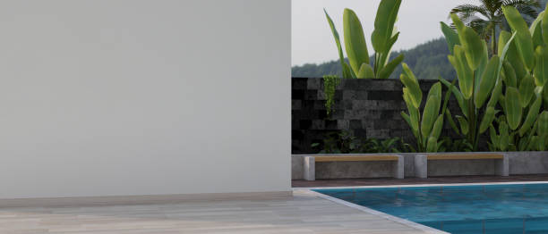 istock A modern beautiful home terrace with swimming pool, empty white wall mockup, and tropical plants. 1582460343