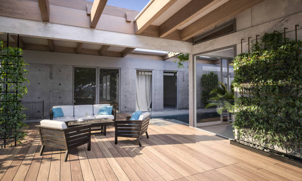 istock Swimming pool in a courtyard in dappled sunlight 1582466939