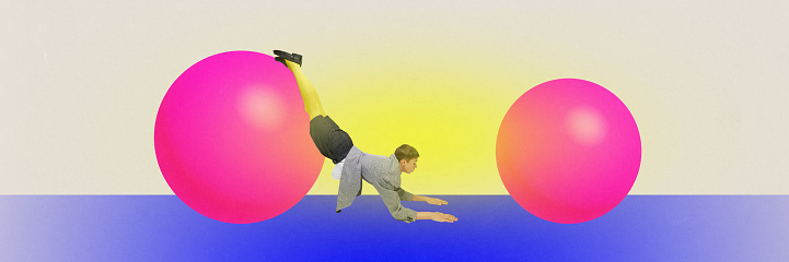 Contemporary artwork of doing exercises man. 3d painted pink balls. Concept of sport, lifestyle, health, abstract, imagination, ad.