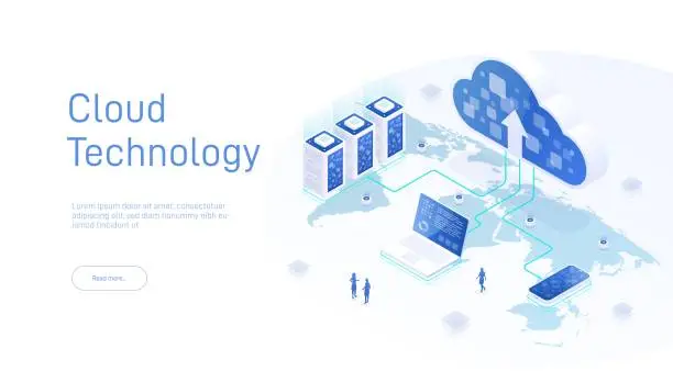 Vector illustration of Cloud storage isometric. Cloud computing technology users network configuration. Internet data services. Online computing technology. 3d servers, data center connection network. Design landing page.