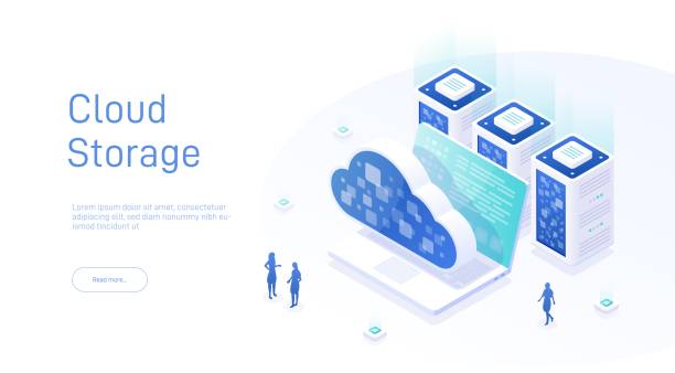 illustrazioni stock, clip art, cartoni animati e icone di tendenza di concetti di archiviazione cloud isometrica. concetto di isometria 3d di online computing storage. cloud computing o illustrazione vettoriale di archiviazione. tecnologia informatica online. cloud data storage 3d isometrico. - downloading file internet backup