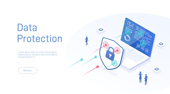 Data protection isometric. Cyber security technology concept. Network data security. Safety, confidential data protection, concept with character saving code. Internet security isometric. 3d vector
