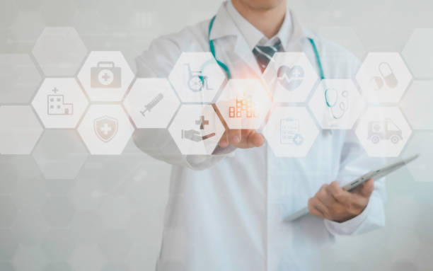 istock Human body hologram touch concept and medical icon network connection on virtual screen; technology innovation in science and medicine. 1582490709