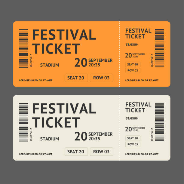 Color Music or Movie Festival Tickets Template Set. Vector Color Music or Movie Festival Tickets Template Set. Vector illustration of Ticket with Barcode for Invitation Event voucher stock illustrations