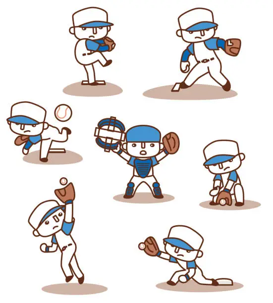 Vector illustration of Set of vector illustrations playing baseball